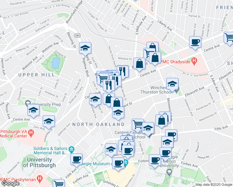 map of restaurants, bars, coffee shops, grocery stores, and more near in Pittsburgh