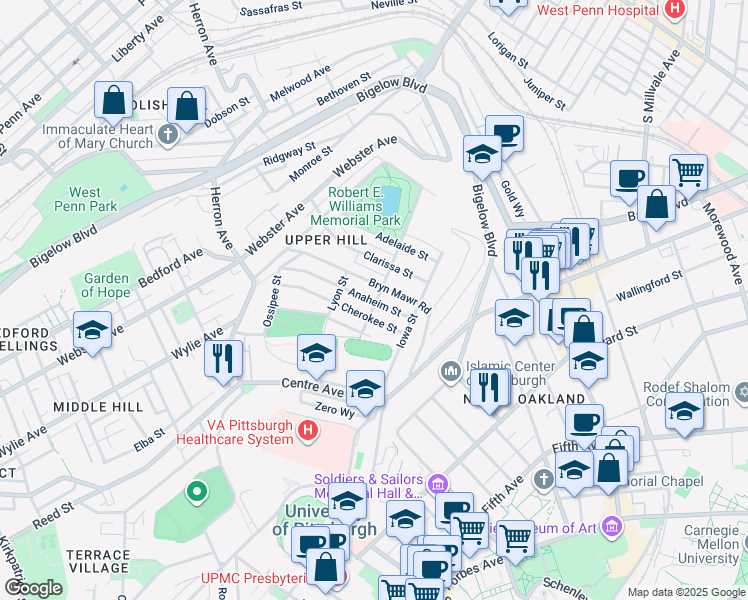map of restaurants, bars, coffee shops, grocery stores, and more near in Pittsburgh