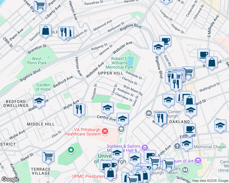 map of restaurants, bars, coffee shops, grocery stores, and more near 801 Anaheim Street in Pittsburgh