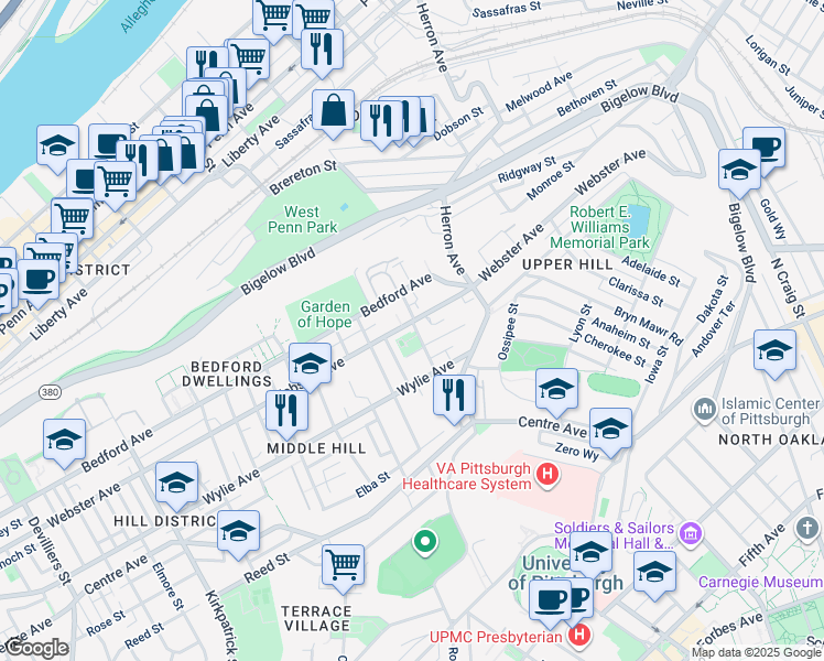 map of restaurants, bars, coffee shops, grocery stores, and more near 711 Webster Terrace in Pittsburgh