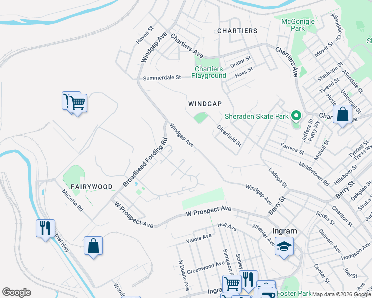 map of restaurants, bars, coffee shops, grocery stores, and more near 3433 Windgap Avenue in Pittsburgh