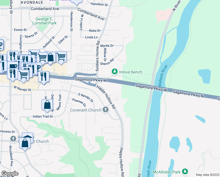 map of restaurants, bars, coffee shops, grocery stores, and more near 2410 Happy Hollow Road in West Lafayette