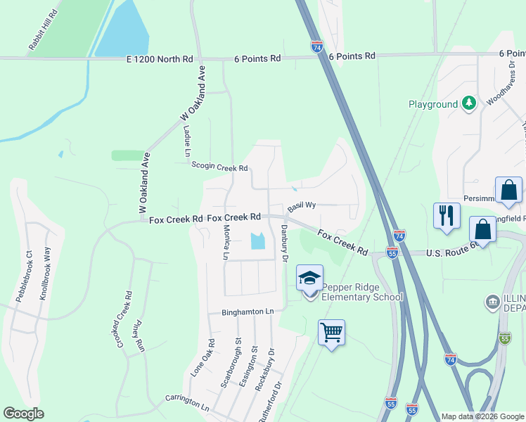 map of restaurants, bars, coffee shops, grocery stores, and more near 2305 Savanna Road in Bloomington
