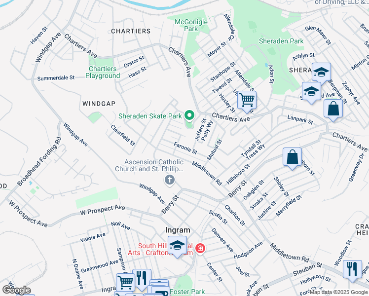map of restaurants, bars, coffee shops, grocery stores, and more near Faronia Street in Pittsburgh