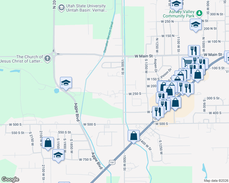 map of restaurants, bars, coffee shops, grocery stores, and more near 1582 300 South in Vernal
