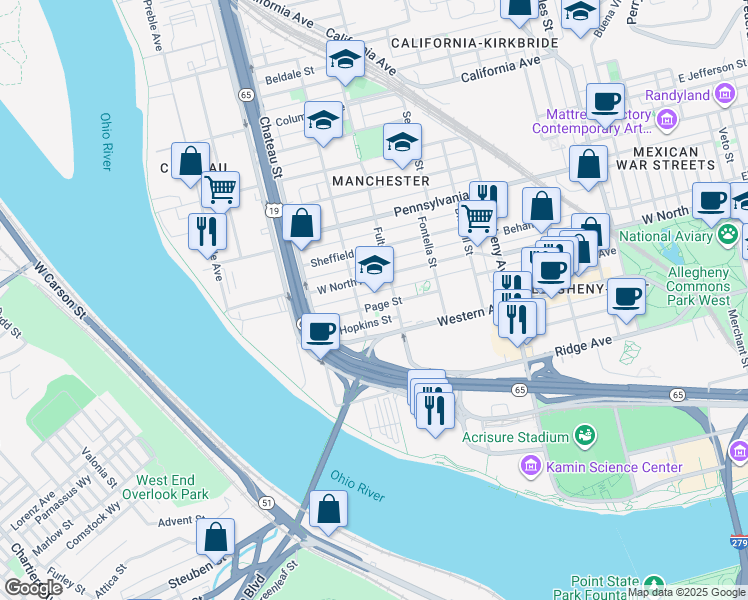 map of restaurants, bars, coffee shops, grocery stores, and more near 1398 Page Street in Pittsburgh