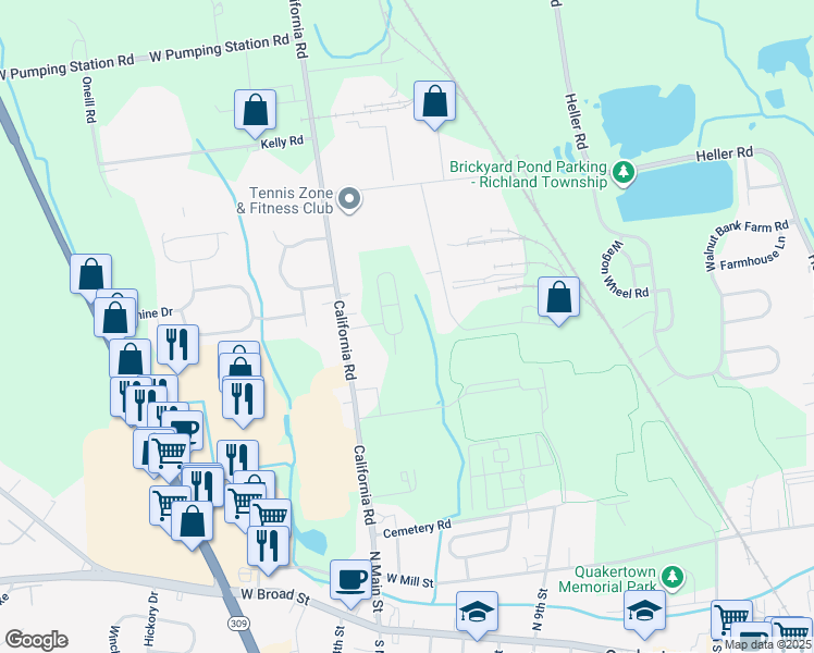map of restaurants, bars, coffee shops, grocery stores, and more near 78 Fonthill Court in Quakertown