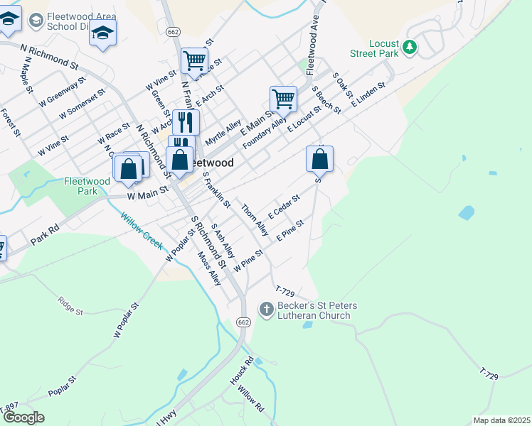 map of restaurants, bars, coffee shops, grocery stores, and more near 35 E Cedar St in Fleetwood