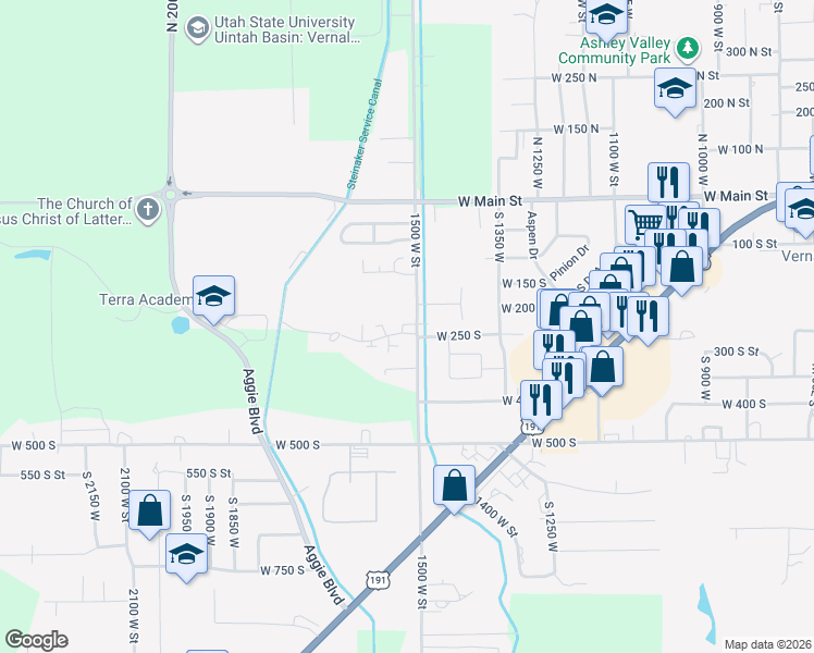 map of restaurants, bars, coffee shops, grocery stores, and more near 1477 West 210 South in Vernal