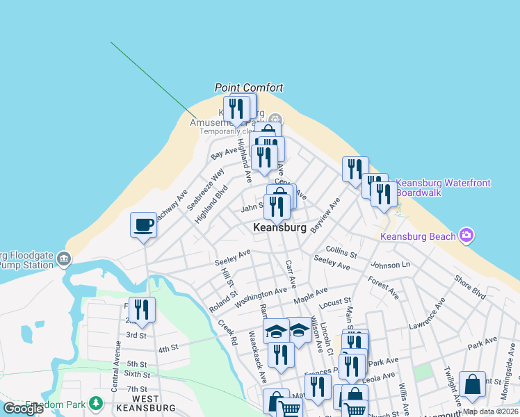 map of restaurants, bars, coffee shops, grocery stores, and more near 79E Carr Avenue in Keansburg