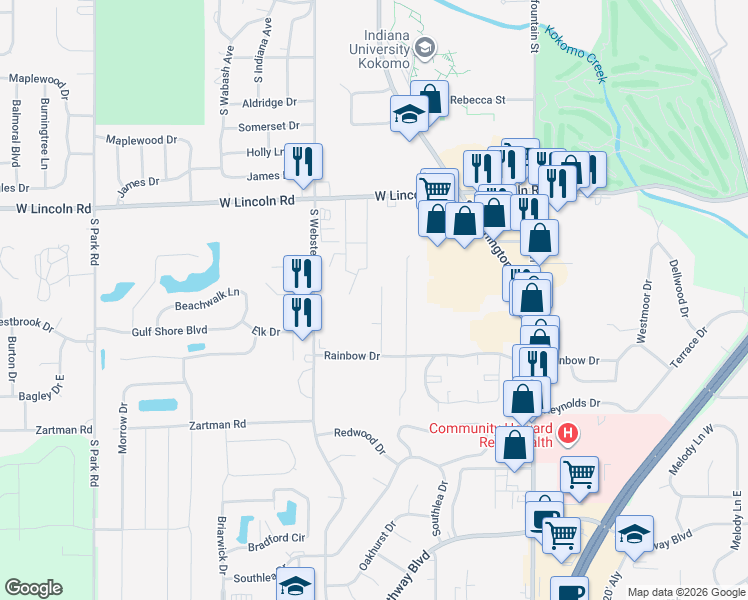 map of restaurants, bars, coffee shops, grocery stores, and more near 3269 Almquist Ln in Kokomo