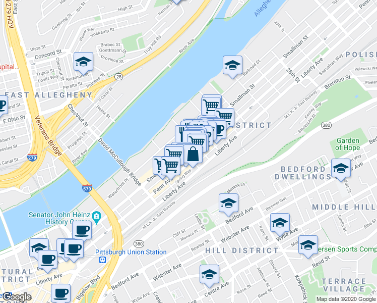 map of restaurants, bars, coffee shops, grocery stores, and more near 2101 Smallman Street in Pittsburgh