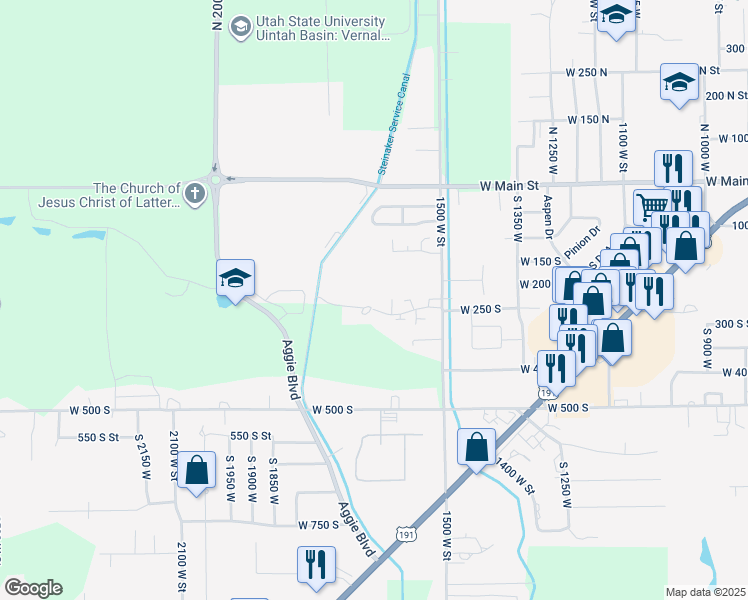 map of restaurants, bars, coffee shops, grocery stores, and more near 1658 300 South in Vernal