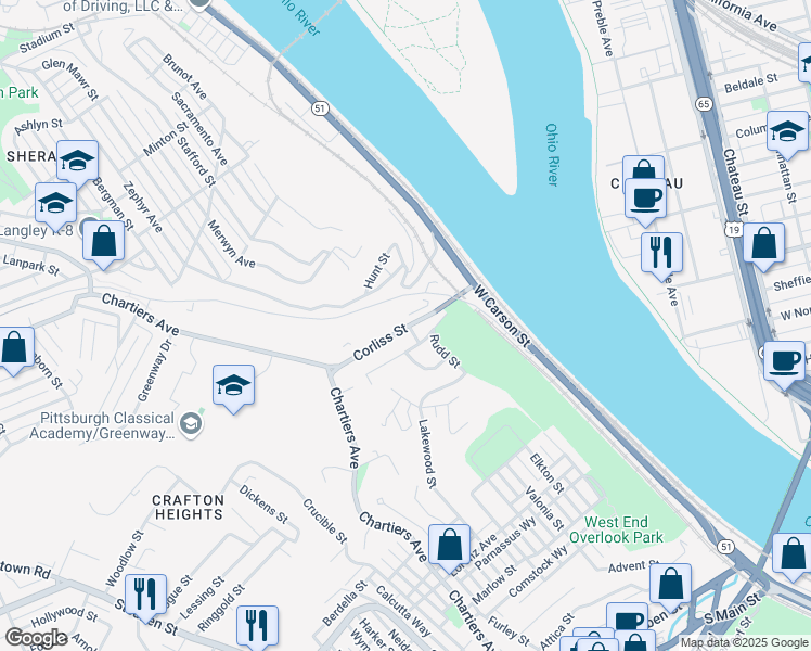 map of restaurants, bars, coffee shops, grocery stores, and more near in Pittsburgh