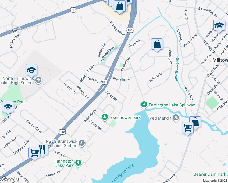 map of restaurants, bars, coffee shops, grocery stores, and more near 1205 Stockton Drive in North Brunswick Township