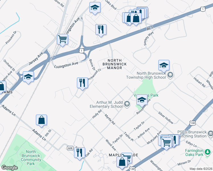 map of restaurants, bars, coffee shops, grocery stores, and more near 740 Spruce Road in North Brunswick Township