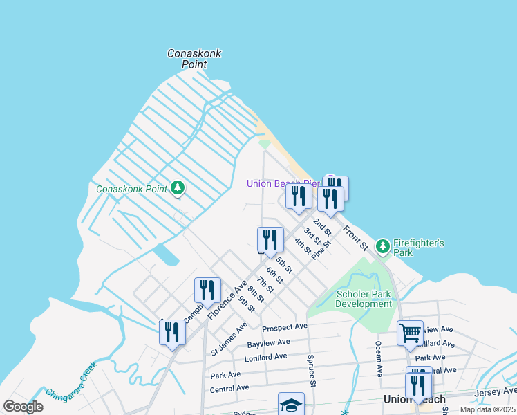 map of restaurants, bars, coffee shops, grocery stores, and more near 303 Dock Street in Union Beach