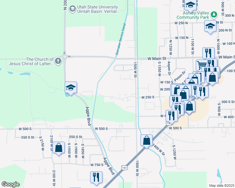map of restaurants, bars, coffee shops, grocery stores, and more near 1658 300 South in Vernal