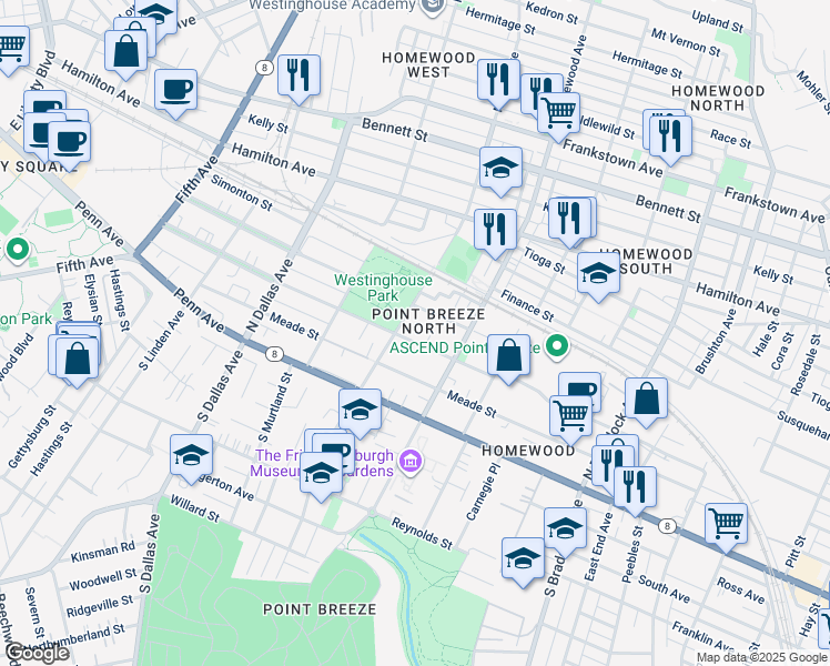 map of restaurants, bars, coffee shops, grocery stores, and more near 302 North Lang Avenue in Pittsburgh
