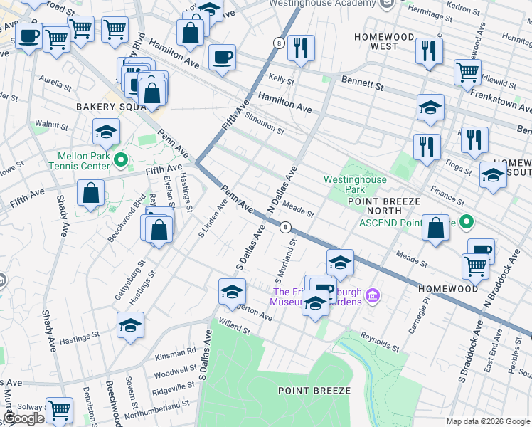 map of restaurants, bars, coffee shops, grocery stores, and more near 103 North Dallas Avenue in Pittsburgh
