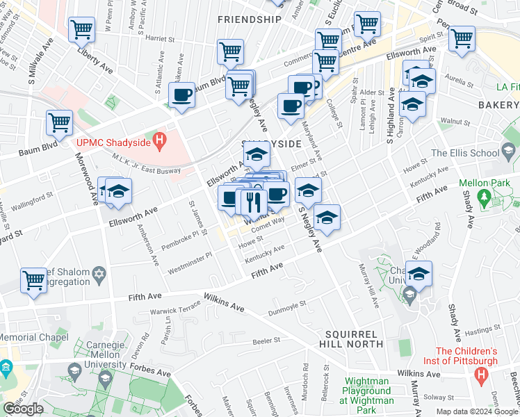 map of restaurants, bars, coffee shops, grocery stores, and more near 722 Filbert Street in Pittsburgh