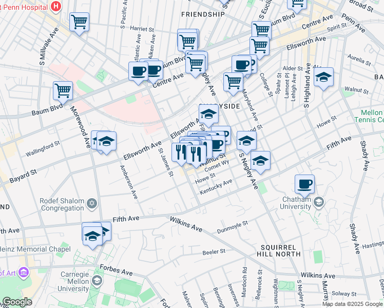 map of restaurants, bars, coffee shops, grocery stores, and more near 705 Copeland Street in Pittsburgh