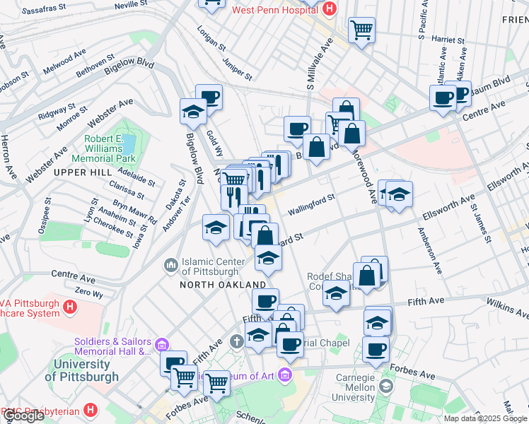 map of restaurants, bars, coffee shops, grocery stores, and more near 4635 Centre Avenue in Pittsburgh
