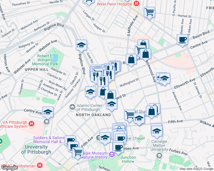 map of restaurants, bars, coffee shops, grocery stores, and more near 4635 Centre Avenue in Pittsburgh