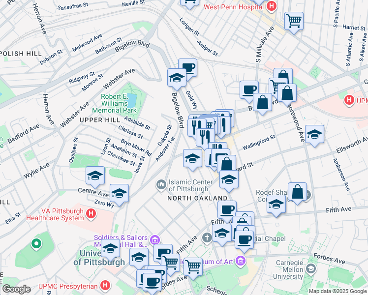 map of restaurants, bars, coffee shops, grocery stores, and more near 4435 Schenley Farms Terrace in Pittsburgh