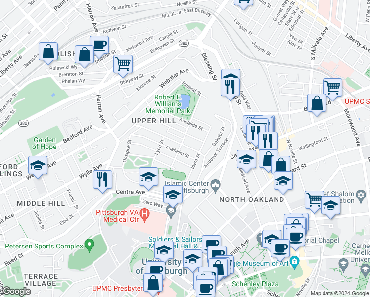 map of restaurants, bars, coffee shops, grocery stores, and more near in Pittsburgh