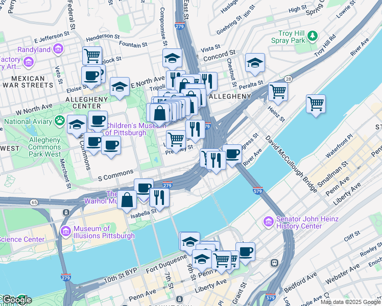 map of restaurants, bars, coffee shops, grocery stores, and more near 610 Pressley Street in Pittsburgh