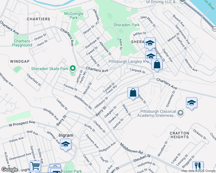 map of restaurants, bars, coffee shops, grocery stores, and more near 1210 Tyndall Street in Pittsburgh