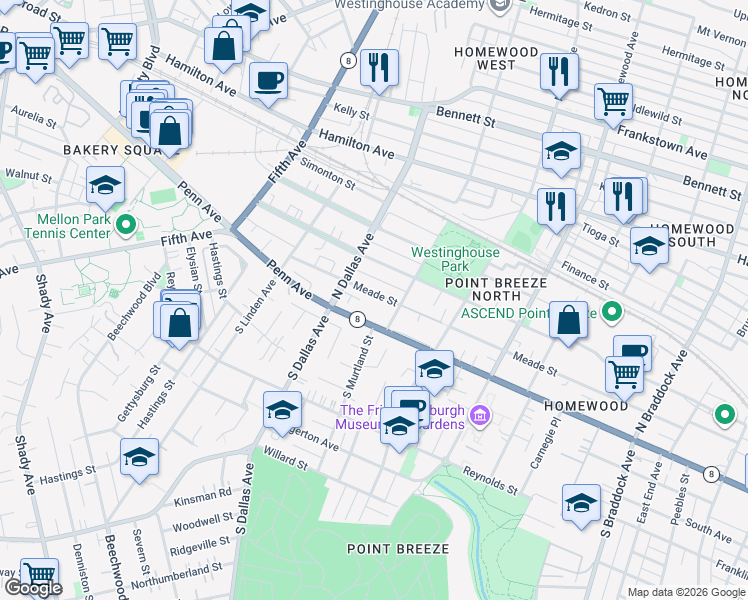 map of restaurants, bars, coffee shops, grocery stores, and more near 6938 Meade Street in Pittsburgh