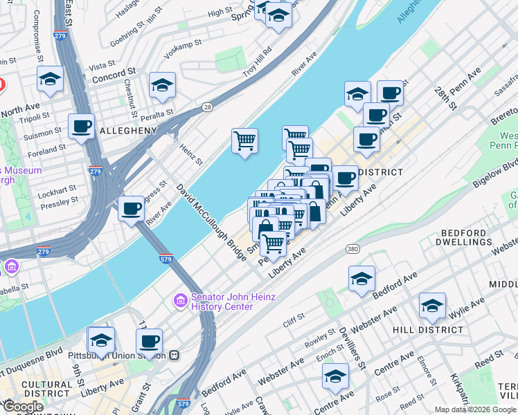 map of restaurants, bars, coffee shops, grocery stores, and more near 1759 Waterfront Place in Pittsburgh