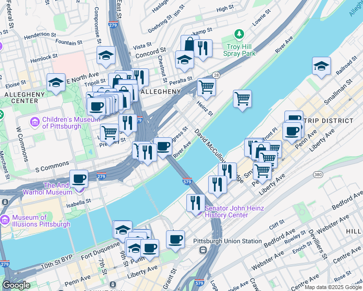 map of restaurants, bars, coffee shops, grocery stores, and more near 864 River Avenue in Pittsburgh