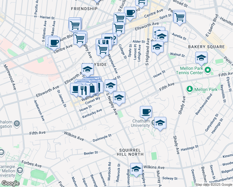 map of restaurants, bars, coffee shops, grocery stores, and more near 5747 Howe Street in Pittsburgh