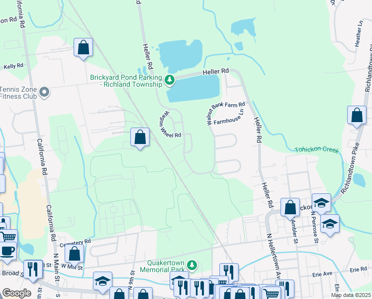 map of restaurants, bars, coffee shops, grocery stores, and more near 188 Prairie Court in Quakertown