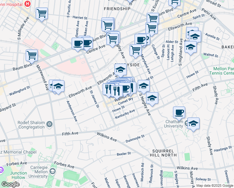 map of restaurants, bars, coffee shops, grocery stores, and more near 729 Bellefonte Street in Pittsburgh