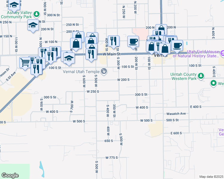 map of restaurants, bars, coffee shops, grocery stores, and more near 358 West 250 South in Vernal