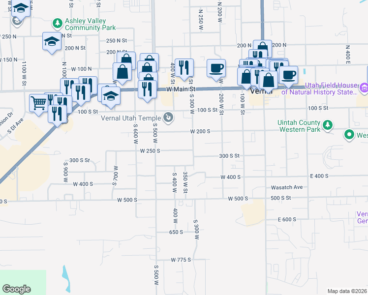 map of restaurants, bars, coffee shops, grocery stores, and more near 342 West 250 South in Vernal