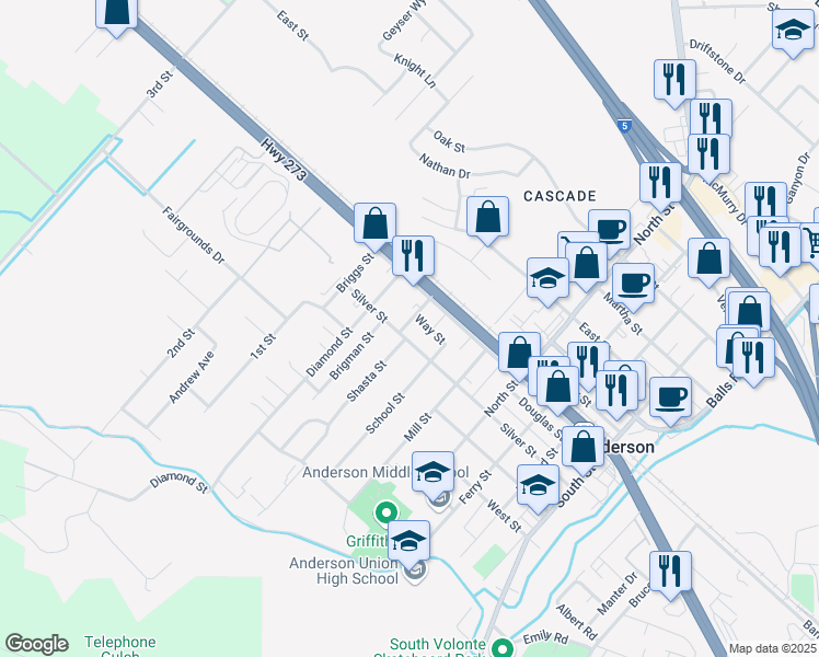 map of restaurants, bars, coffee shops, grocery stores, and more near 1885 Hayes Street in Anderson