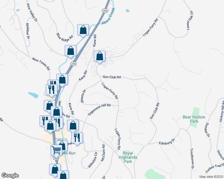 map of restaurants, bars, coffee shops, grocery stores, and more near 3821 Logan Ferry Road in Pittsburgh