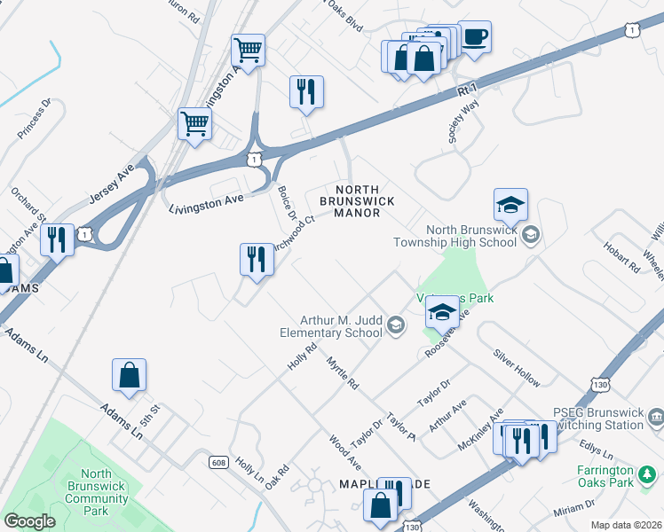 map of restaurants, bars, coffee shops, grocery stores, and more near 740 Spruce Road in North Brunswick Township