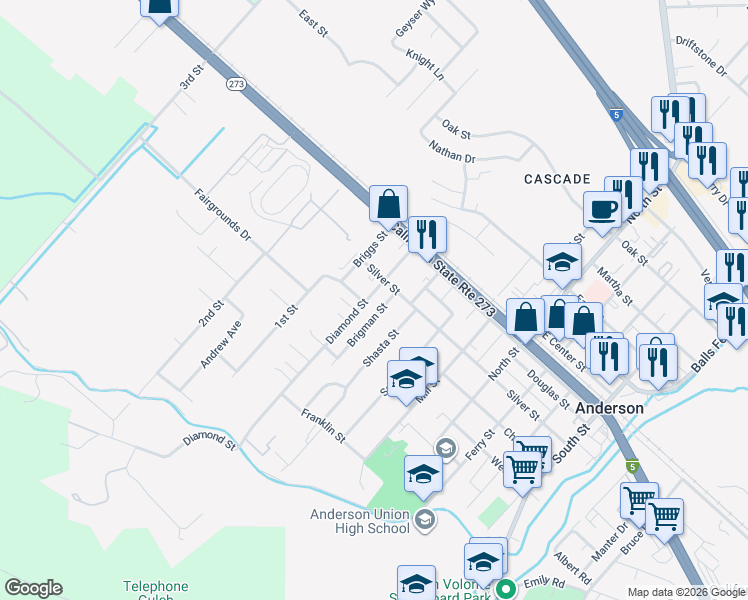 map of restaurants, bars, coffee shops, grocery stores, and more near 3401 Church Street in Anderson