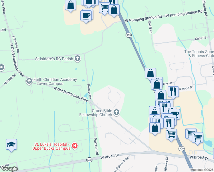 map of restaurants, bars, coffee shops, grocery stores, and more near 1076 Kile Circle in Quakertown