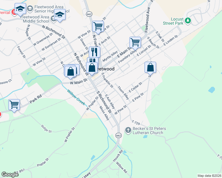 map of restaurants, bars, coffee shops, grocery stores, and more near 100 South Franklin Street in Fleetwood