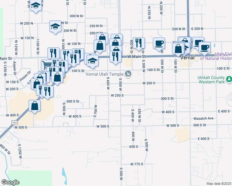 map of restaurants, bars, coffee shops, grocery stores, and more near 538 West 250 South in Vernal