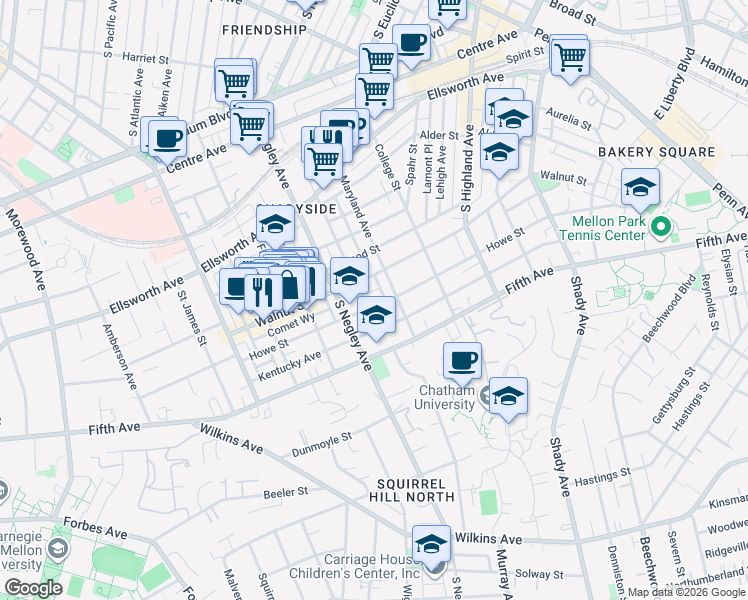 map of restaurants, bars, coffee shops, grocery stores, and more near 5747 Howe Street in Pittsburgh