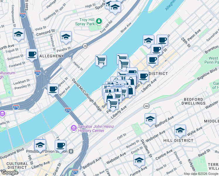 map of restaurants, bars, coffee shops, grocery stores, and more near 1759 Waterfront Place in Pittsburgh