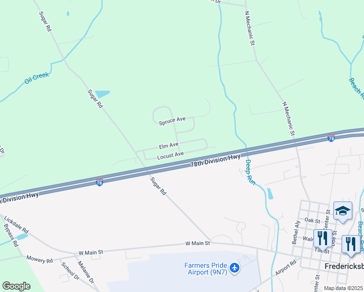 map of restaurants, bars, coffee shops, grocery stores, and more near 100 Elm Avenue in Fredericksburg